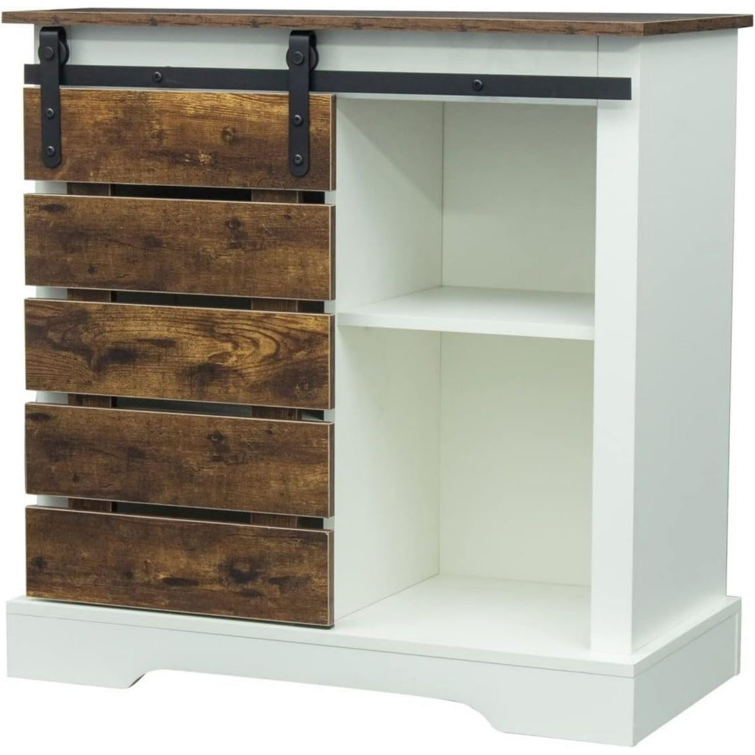 Schiebetueren praegen das Sideboard in Weiss und Dunkelbraun