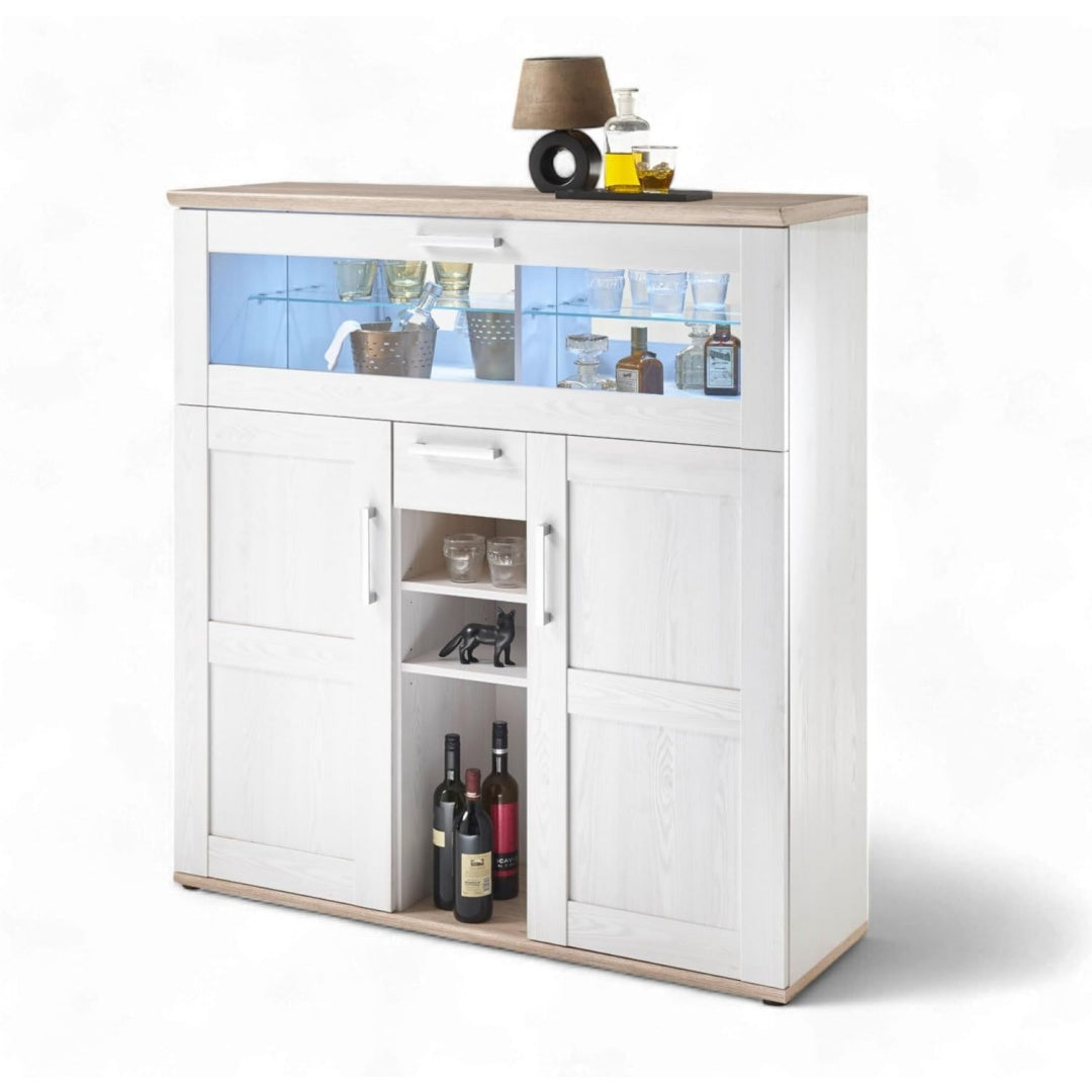 Sideboard mit LED Beleuchtung, offenen Ablagen und Schubladen